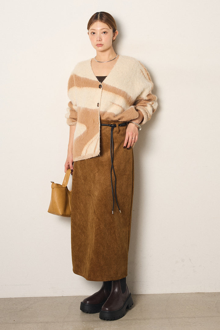 [SET]アクセントブラッシュドカーディガン+ロープベルト付きスウェード調スカート(2set)