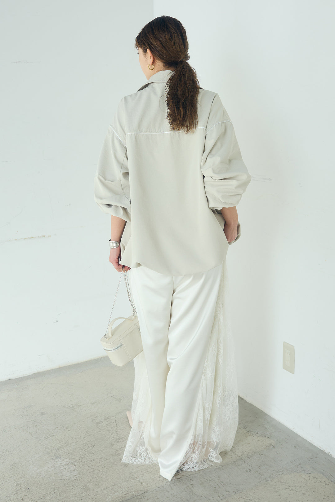 [SET]合繊ツイルバルーンジャケット+サテンレース切り替えタックパンツ(2set)