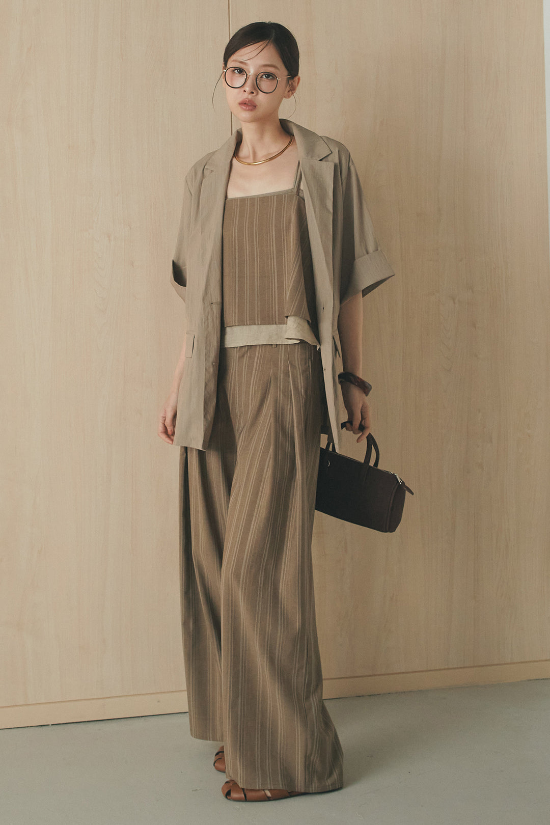 [SET]リネンストライプレイヤードキャミ+リネンストライプタックワイドパンツ(2set)