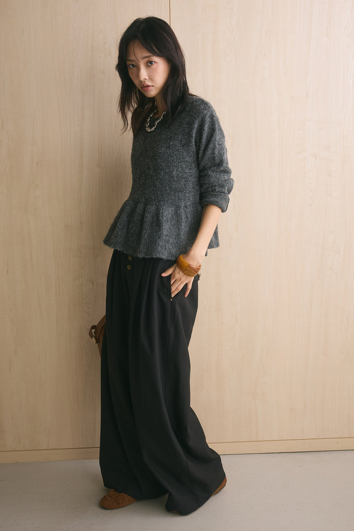 [SET]モヘアぺプラムクルーネックプルオーバー+ファイブボタンツータックワイドパンツ(2set)