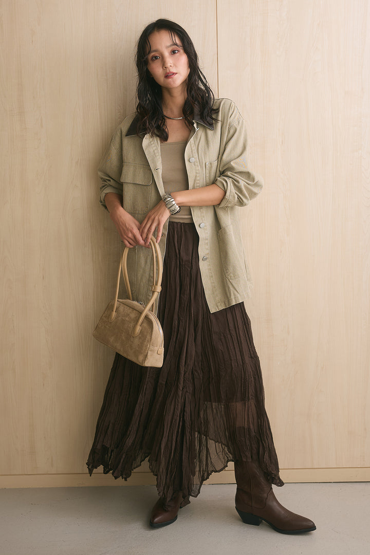 [SET]襟レザーライクカバーオールジャケット+ワッシャーボリュームスカート(2set)
