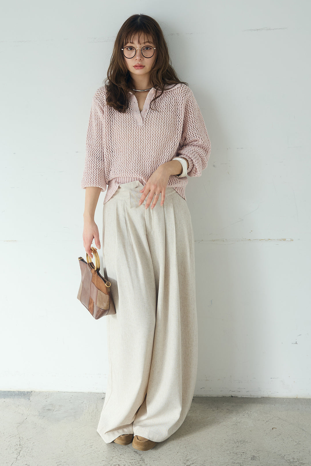 [SET]ミックスメッシュポロニット+麻混タックワイドパンツ(2set)