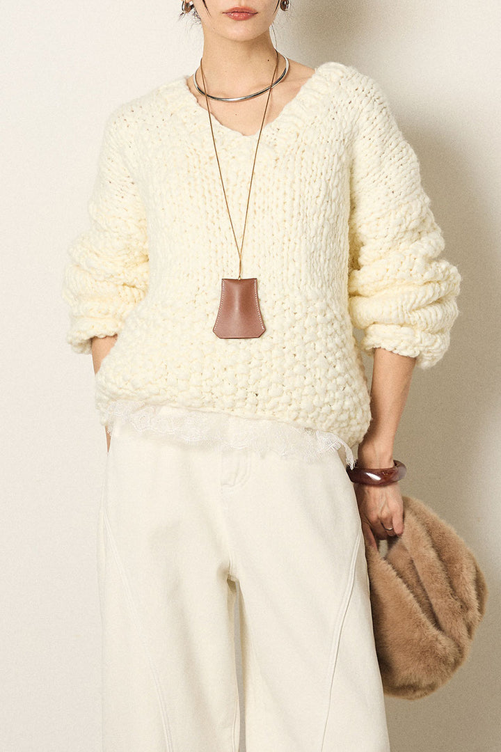 [SET]Vネックハンド編みニットトップス+レース切り替えキャミソール(2set)