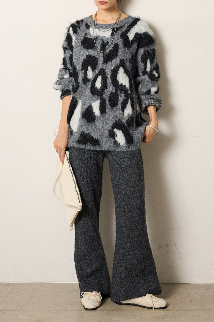 [SET]ルーズアニマルモヘアニットトップス+杢ニットリブフレアパンツ(2set)