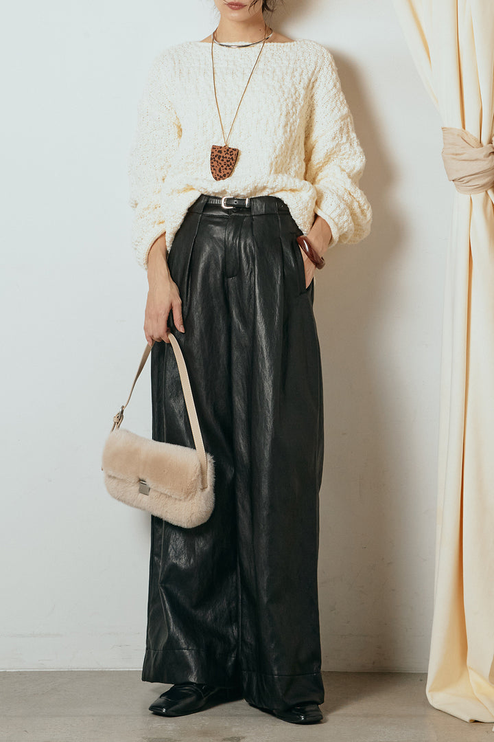 [SET]ボリューム編みニットプルオーバー+ベルト付きレザーライクタックパンツ(2set)