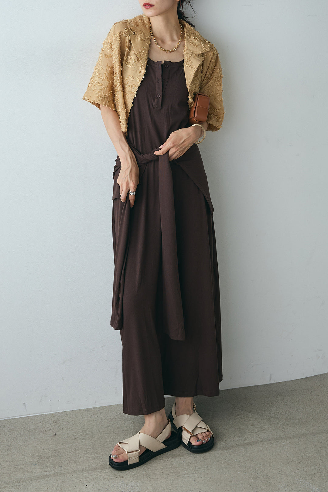 [SET]半袖オープンカラージャガード柄シャツ+ウエスト巻きリブロングワンピース(2set)