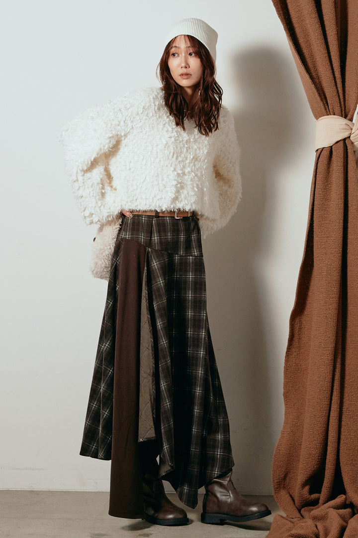 [SET]深Vネックチョウチョヤーンニットトップス+フェイクレザーベルト付き切り替えタータンチェックスカート(2set)