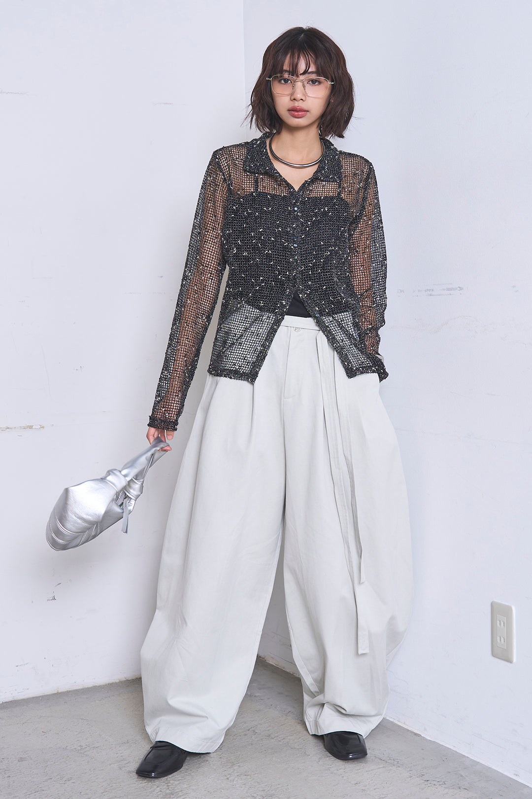 [SET]ネップメッシュポロ襟カーディガン+紐ベルト付きカーブワイドパンツ(2set)