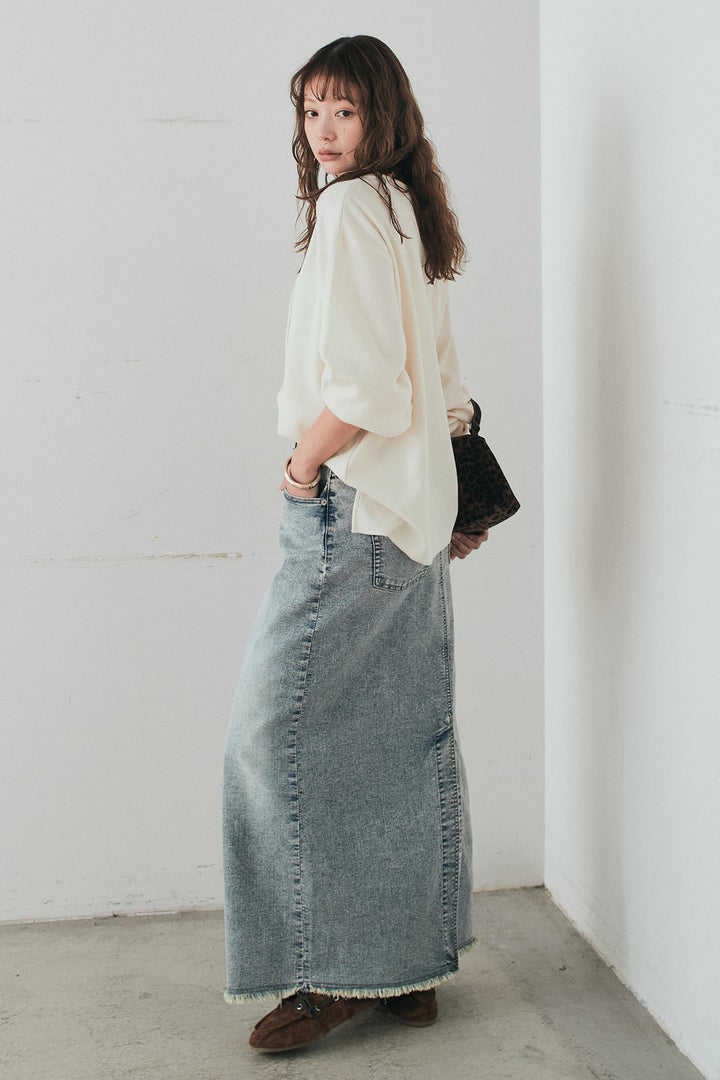 [SET]レースアップワッフルボーダートップス+ウエストクロスデニムタイトスカート(2set)