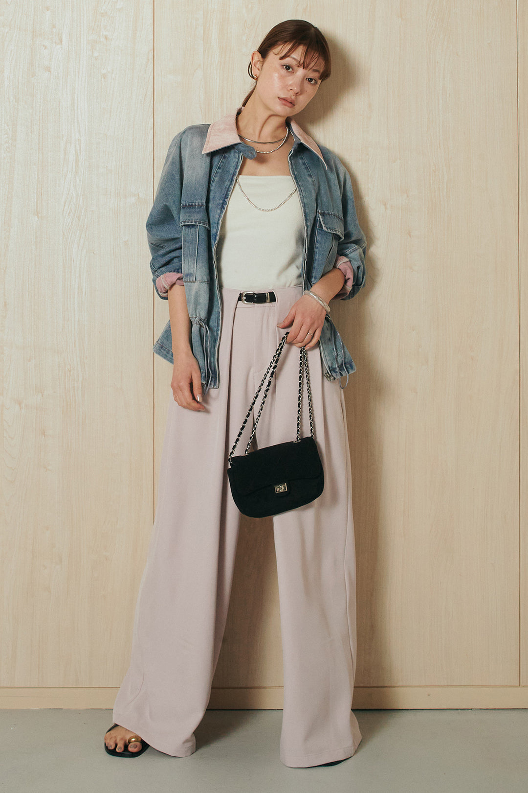 [SET]襟付き配色デニムブルゾン+ビックベルトループタックベルト付きワイドパンツ(2set)