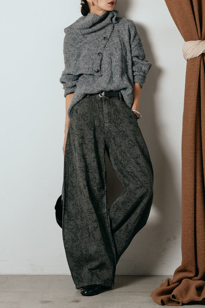 [SET]ケープデザインケーブルニットトップス+ベルト付きニュアンス柄カーブワイドパンツ(2set)