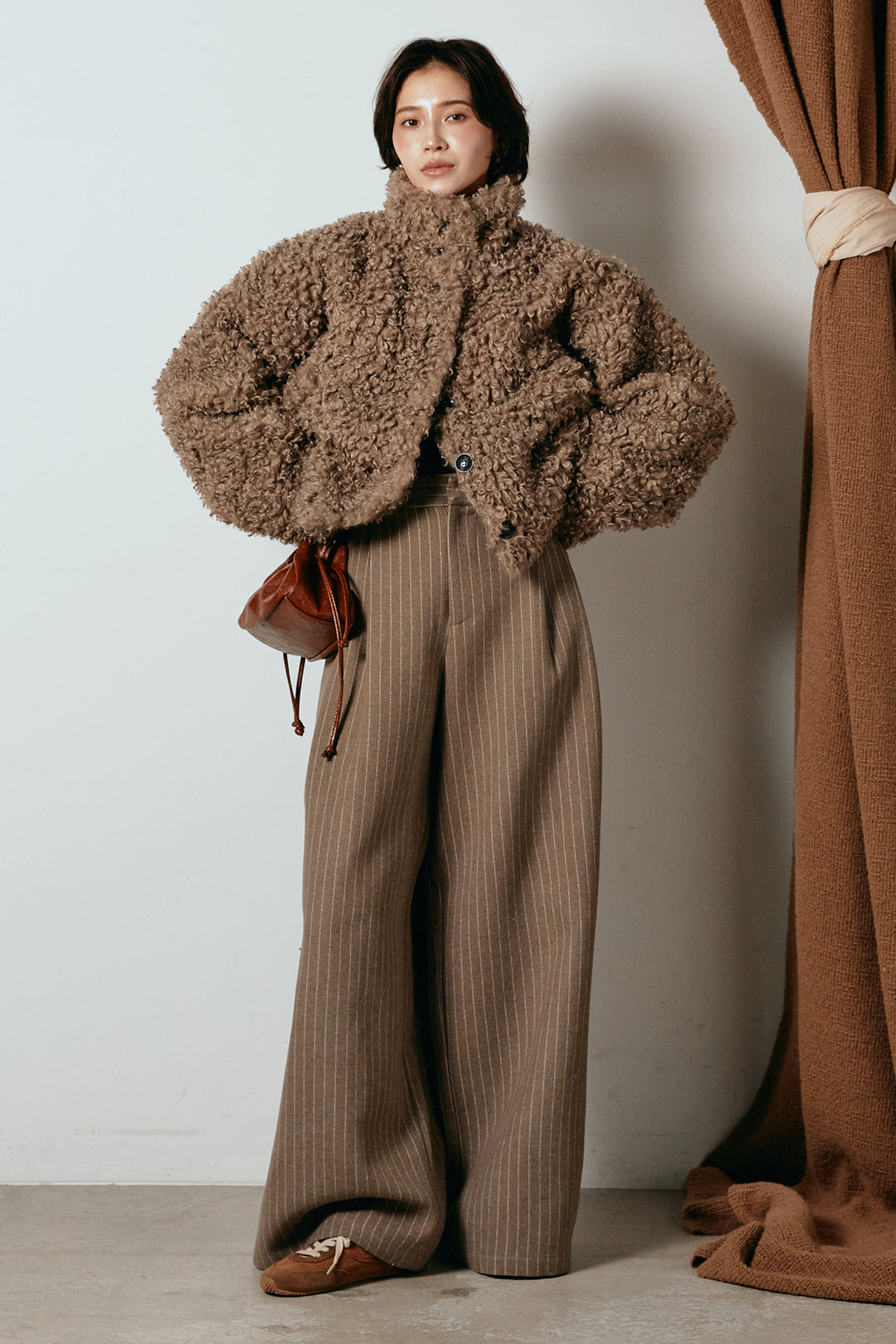 [SET]プードルファーミドルジャケット+ウールライクストライプパンツ(2set)