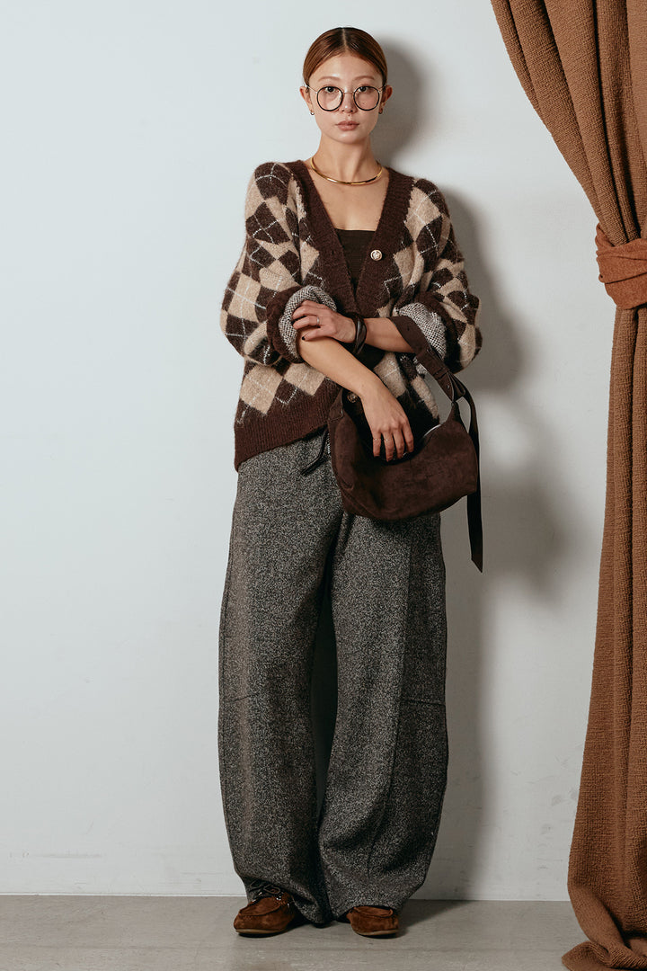 [SET]オーバーサイズ総柄Vネックニットカーディガン+杢ニットフレアパンツ(2set)