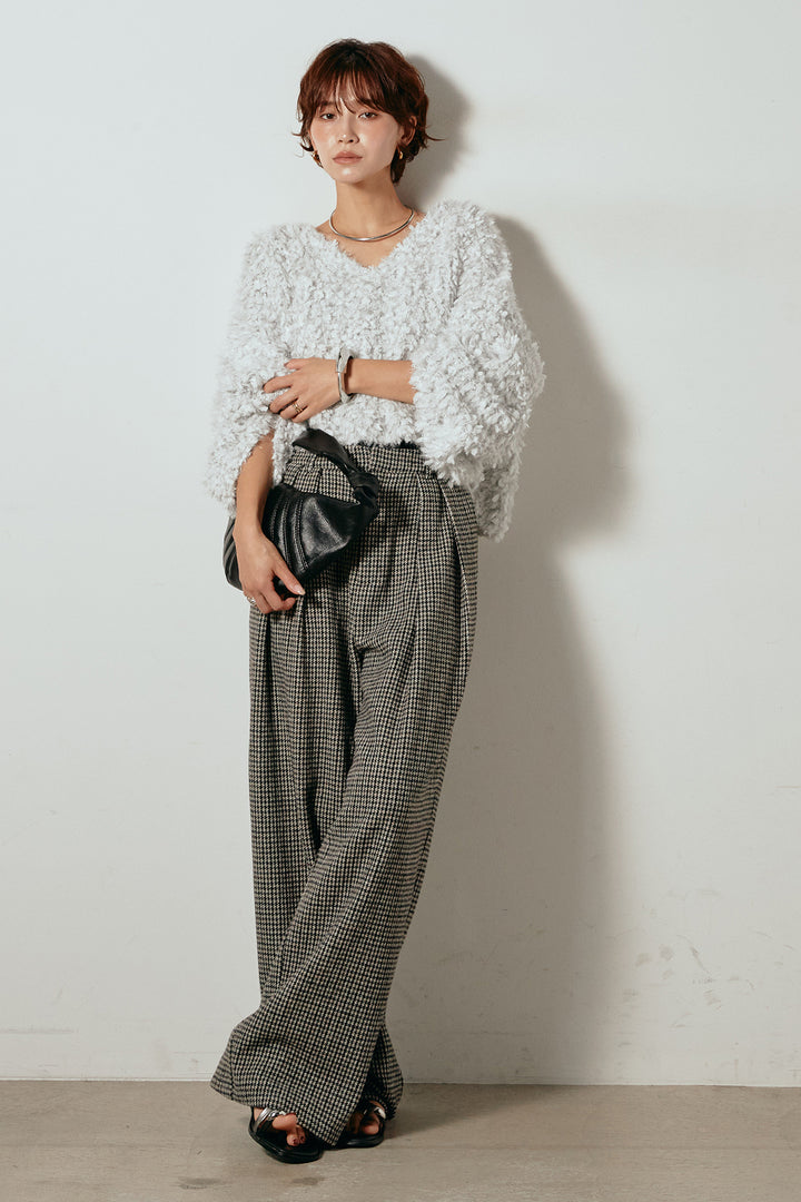 [SET]深Vネックチョウチョヤーンニットトップス+ガンクラブチェックタックパンツ(2set)