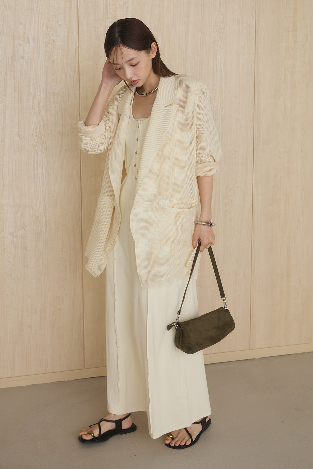 [SET]メッシュテーラードワイドジャケット+ノースリロングワンピース(2set)