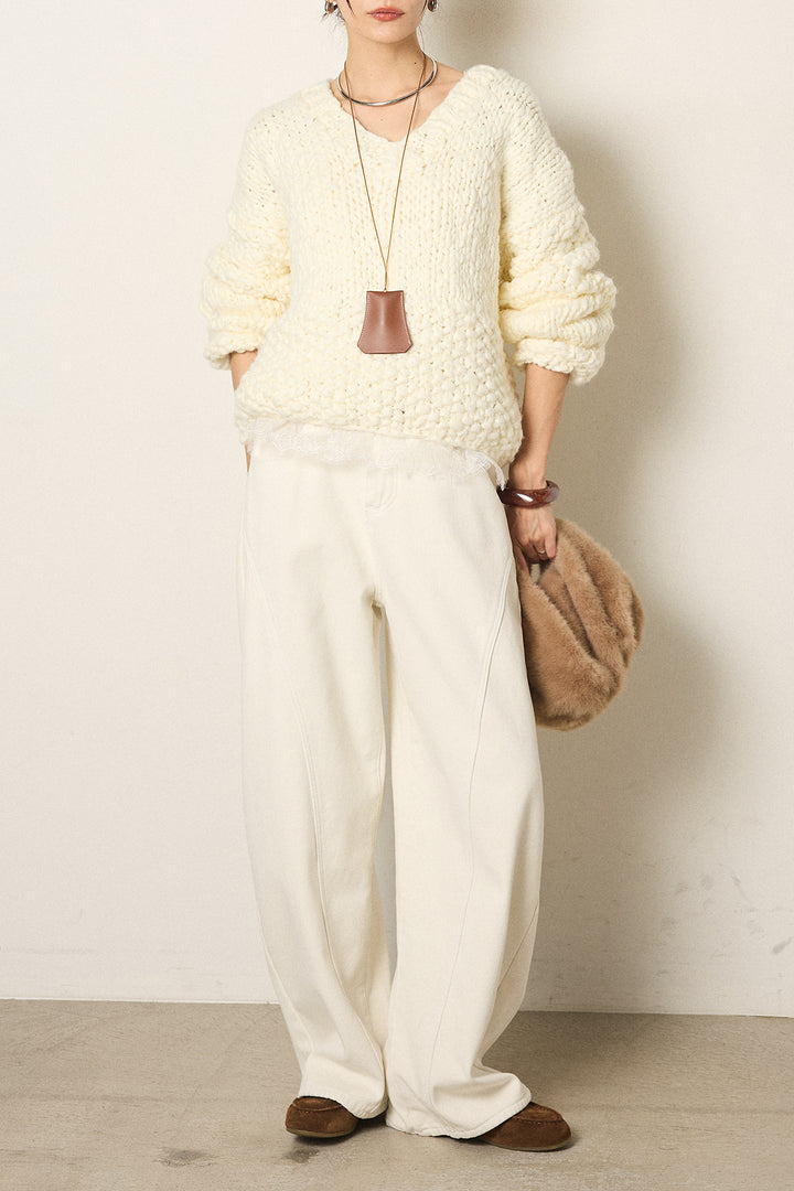 [SET]Vネックハンド編みニットトップス+ベルト付きカジュアルカーブワイドパンツ+レース切り替えキャミソール(3set)