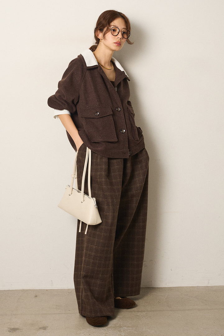 [SET]衿レイヤードフェイクウールジャケット+ウールライクチェックタックパンツ(2set)