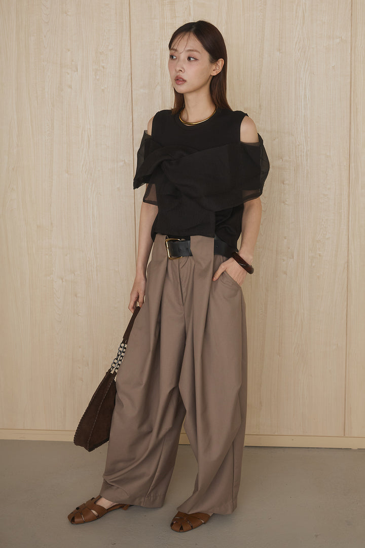 [SET]シアーレイヤーデザインカットソー+ベルトループワイドパンツ(2set)