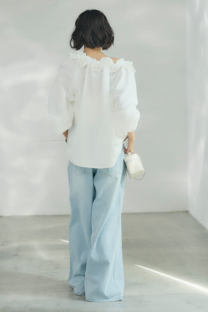 [SET]ネックフリルデザインブラウス+ウエスト裁ち切りデニムワイドパンツ(2set)