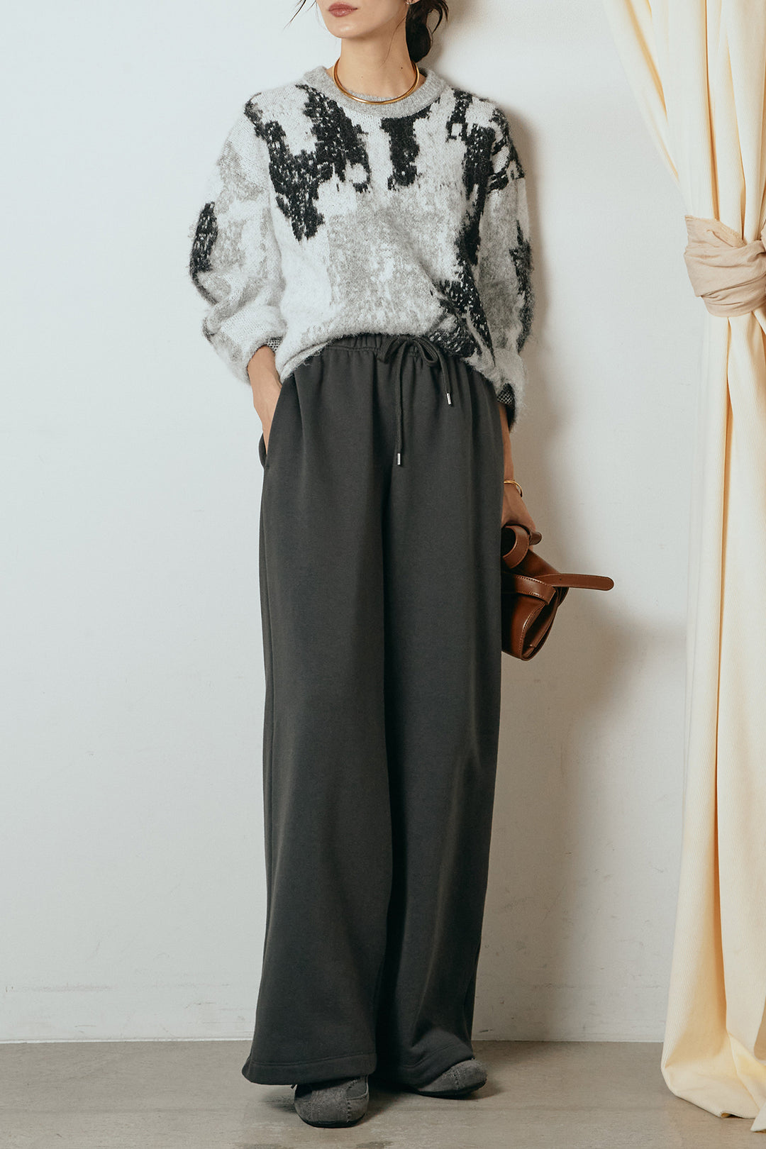 [SET]起毛ニュアンス柄ニットプルオーバー+裏起毛スウェットワイドパンツ(2set)