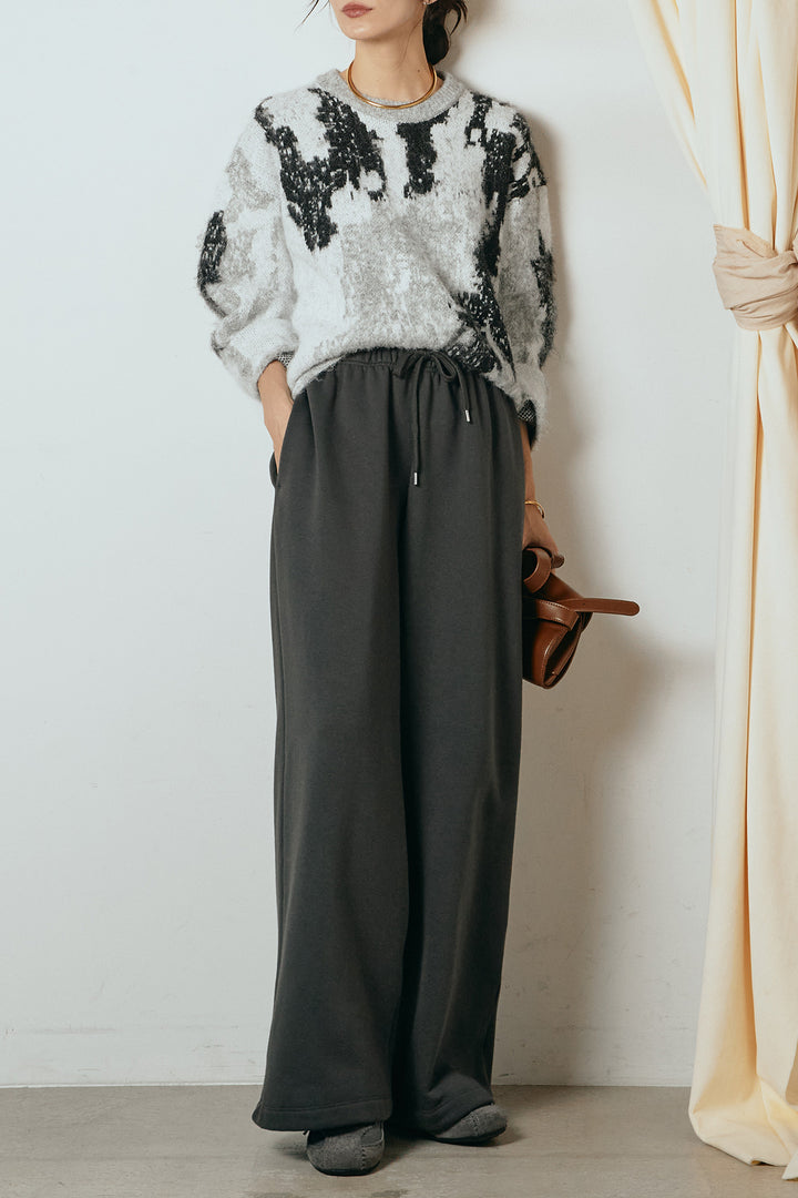 [SET]起毛ニュアンス柄ニットプルオーバー+裏起毛スウェットワイドパンツ(2set)