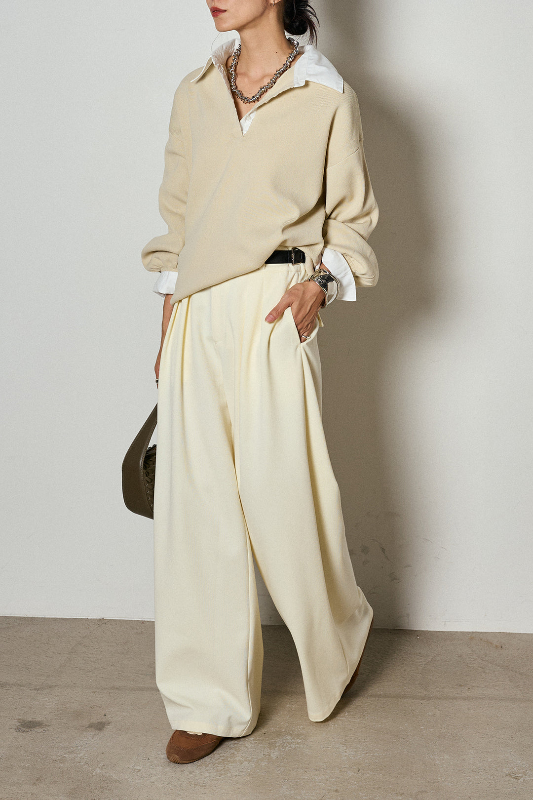 【即納】ウエストベルト付きタックワイドパンツ