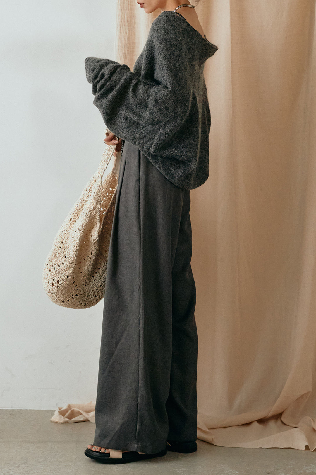 [SET]カシュクールデザインニット+細ベルト付きワイドパンツ(2set)