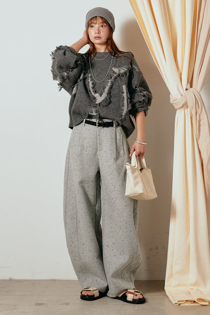 [SET]シャギージャガードニットトップス+ベルト付きネップツイードカーブパンツ(2set)