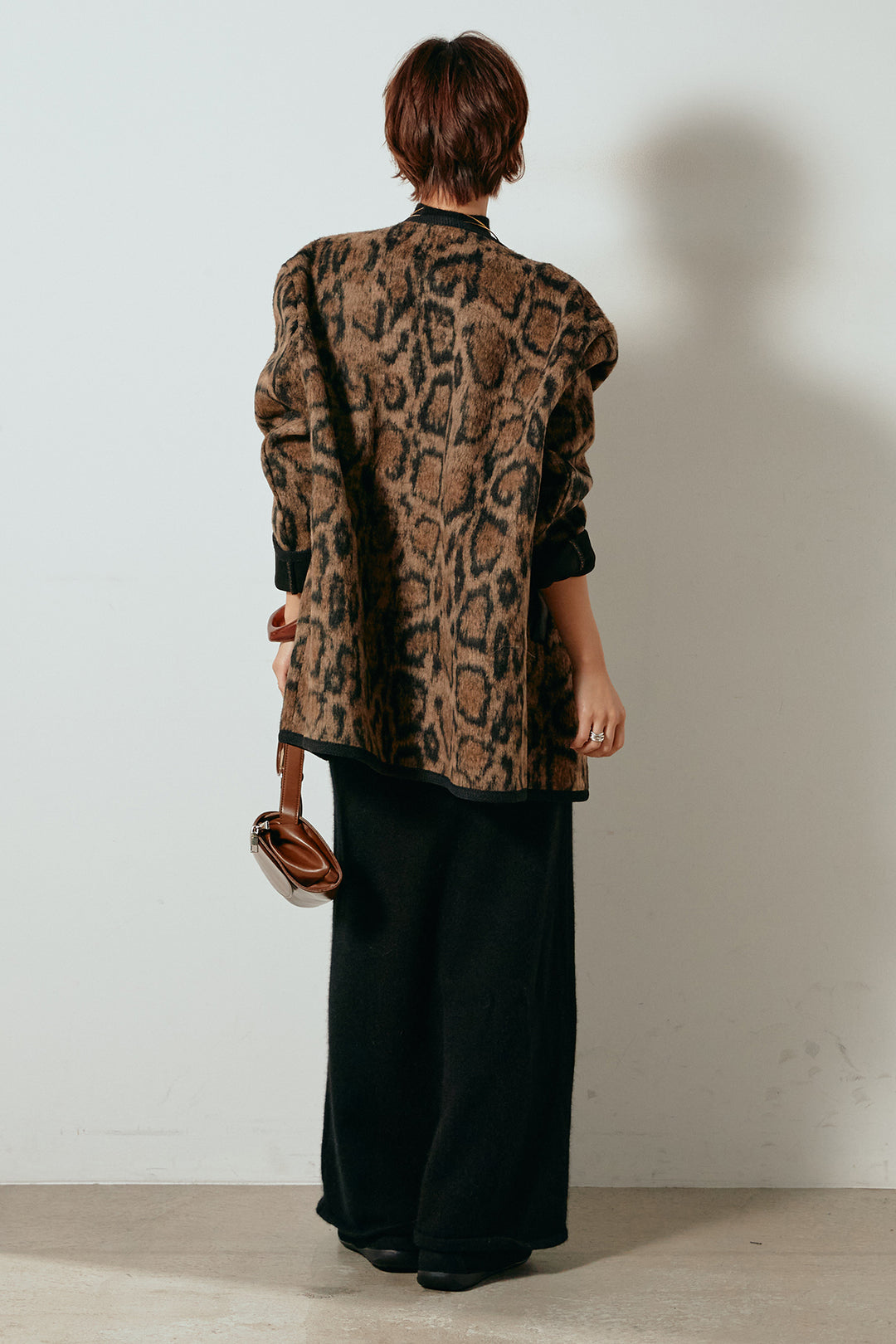 [SET]ノーカラーレオパード柄アウター+ノースリーブニットロングワンピース(2set)