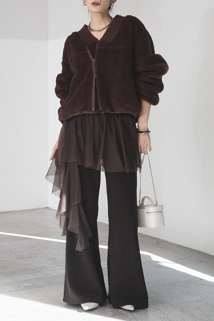 [SET]ノーカラーリブボアアウター+チュールレイヤードニットパンツ(2set)