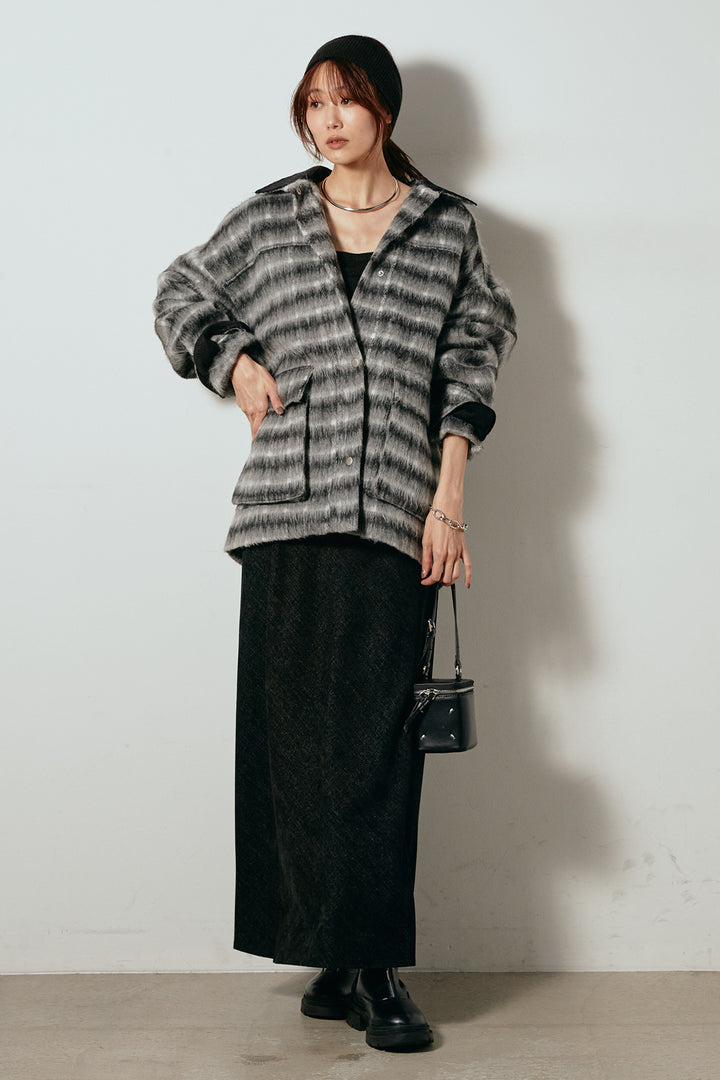 [SET]チェックシャギーミドルカバーオール+スウェードライクロングスカート(2set)