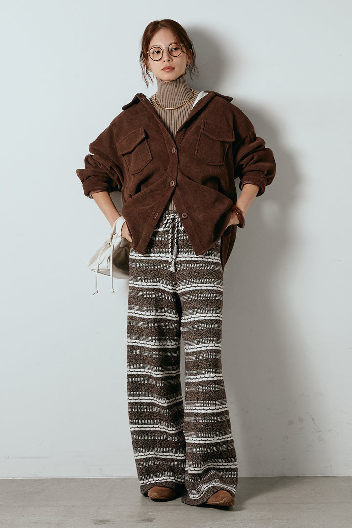 [SET]襟付きコーデュロイポケットシャツ+リブニットシームレスタートルプルオーバー+マルチライン柄リラックスニットパンツ(3set)