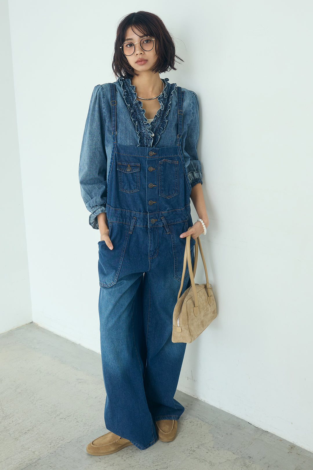 [SET]Vネックデニムフリルトップス+デニムサロペットワイドパンツ(2set)