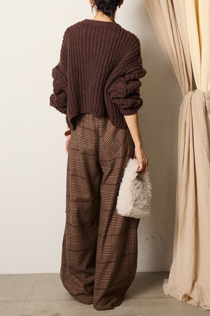 [SET]ケーブルリラックスショートニット+グレンチェックルーズタックパンツ(2set)