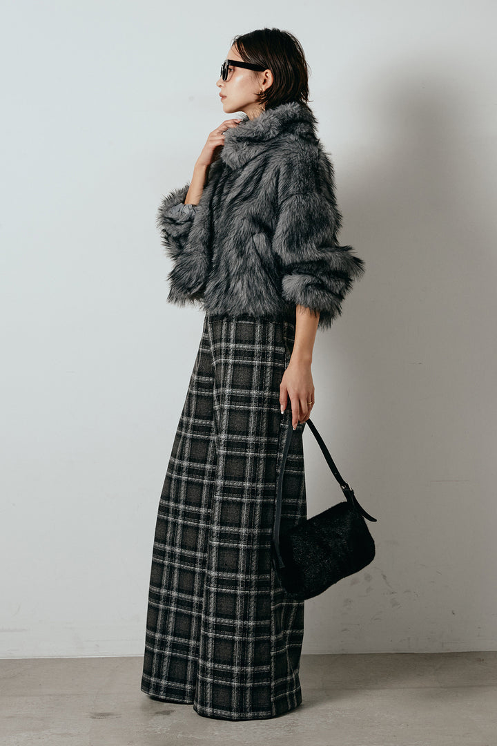 [SET]エコファーショート丈ブルゾン+ルーズタータンチェックワイドパンツ(2set)