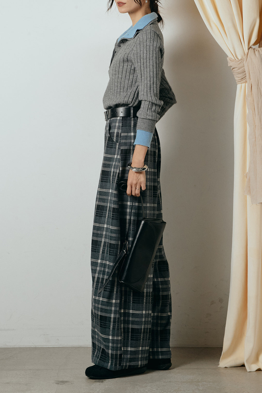 [SET]レイヤード風リブニットトップス+ベルト付きタータンチェックカーブワイドパンツ(2set)