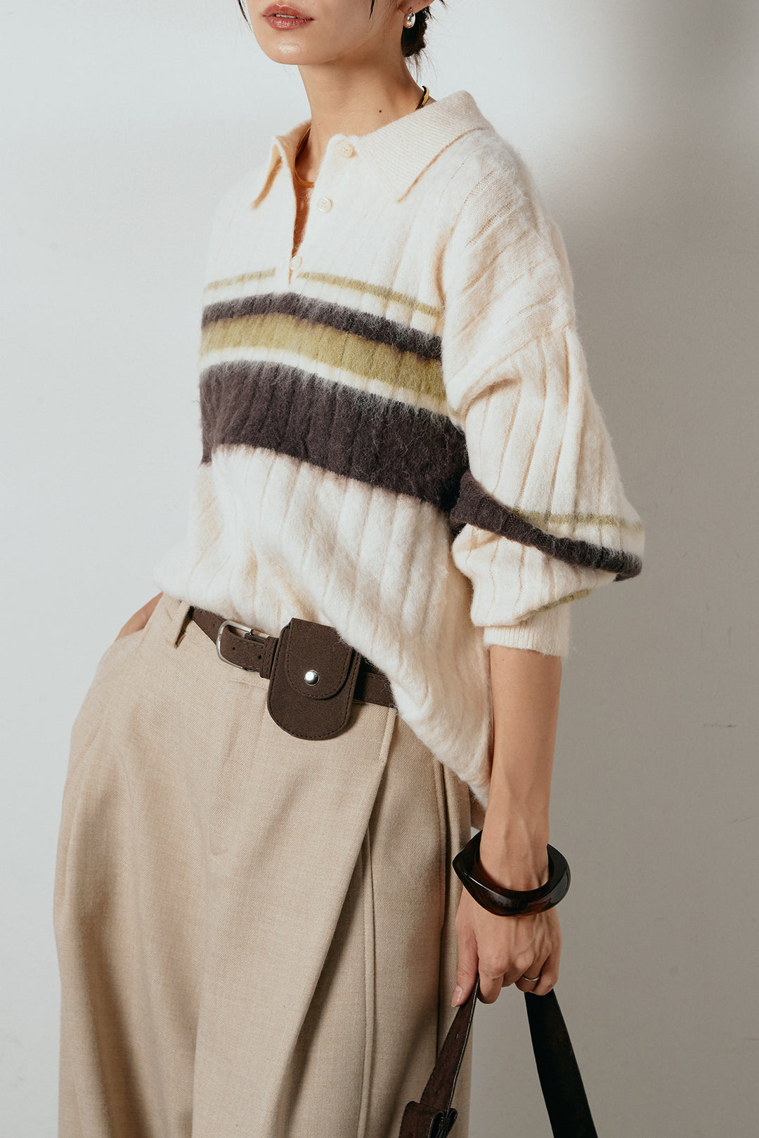 アルパカタッチボーダーポロニット/アイボリー