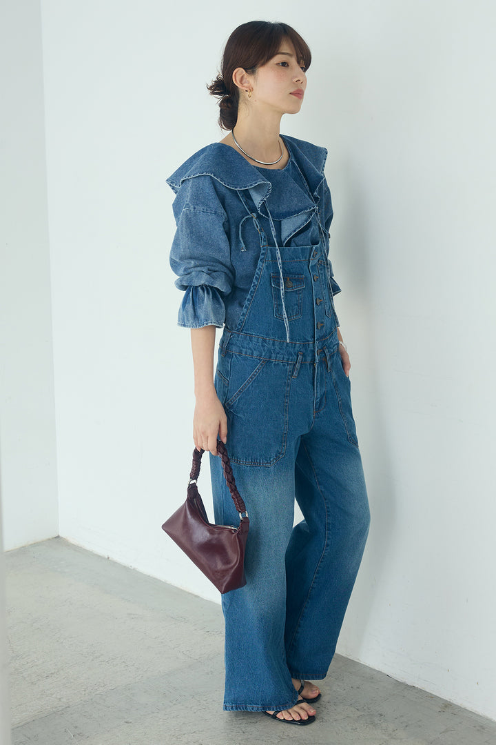 [SET]デニムフリルブラウス+デニムサロペットワイドパンツ(2set)