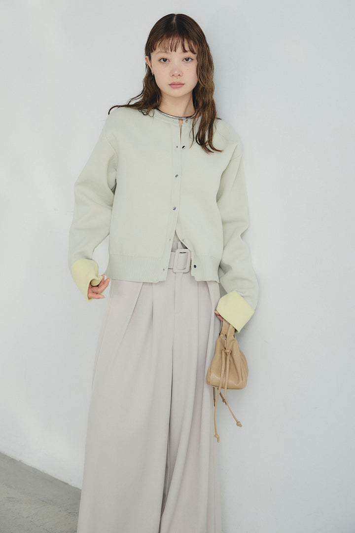 [SET]リバーシブル配色ニットカーディガン+ベルト付きツータックワイドパンツ(2set)