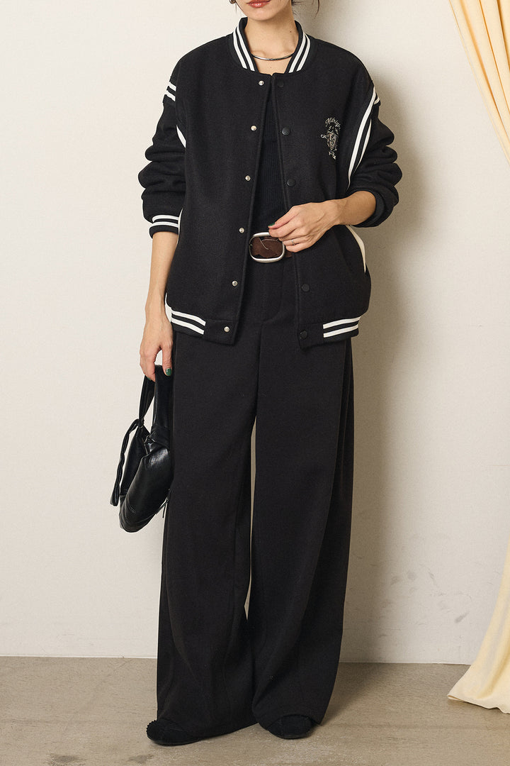 [SET]ワンポイントデザインブルゾン+編みベルト付きワイドパンツ(2set)
