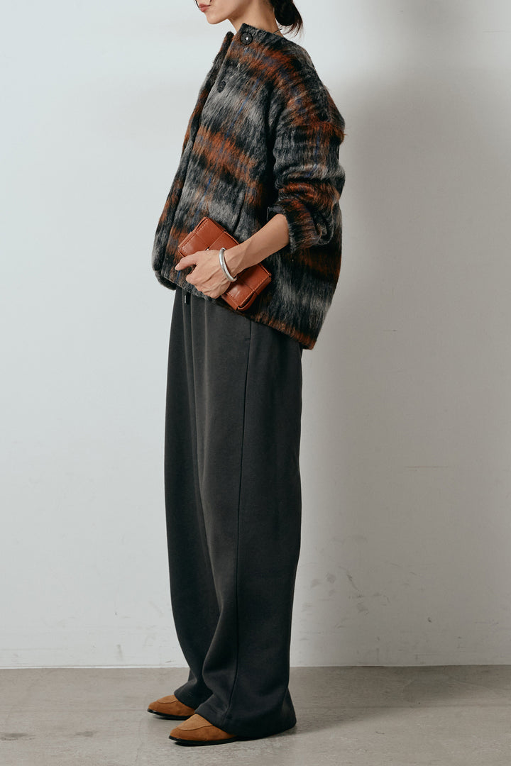 [SET]ノーカラーシャギーチェックアウター+裏起毛スウェットワイドパンツ(2set)