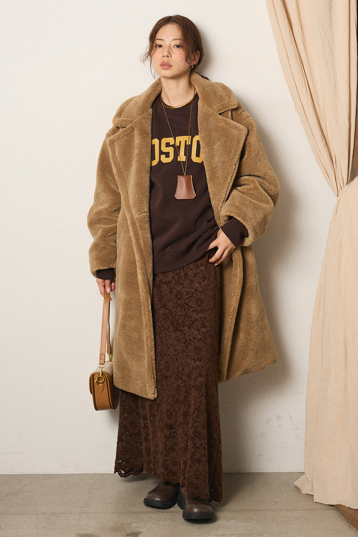 [SET]テディボアロングコート+ロゴデザインルーズスウェット+花柄刺繍ベロアフレアスカート(3set)