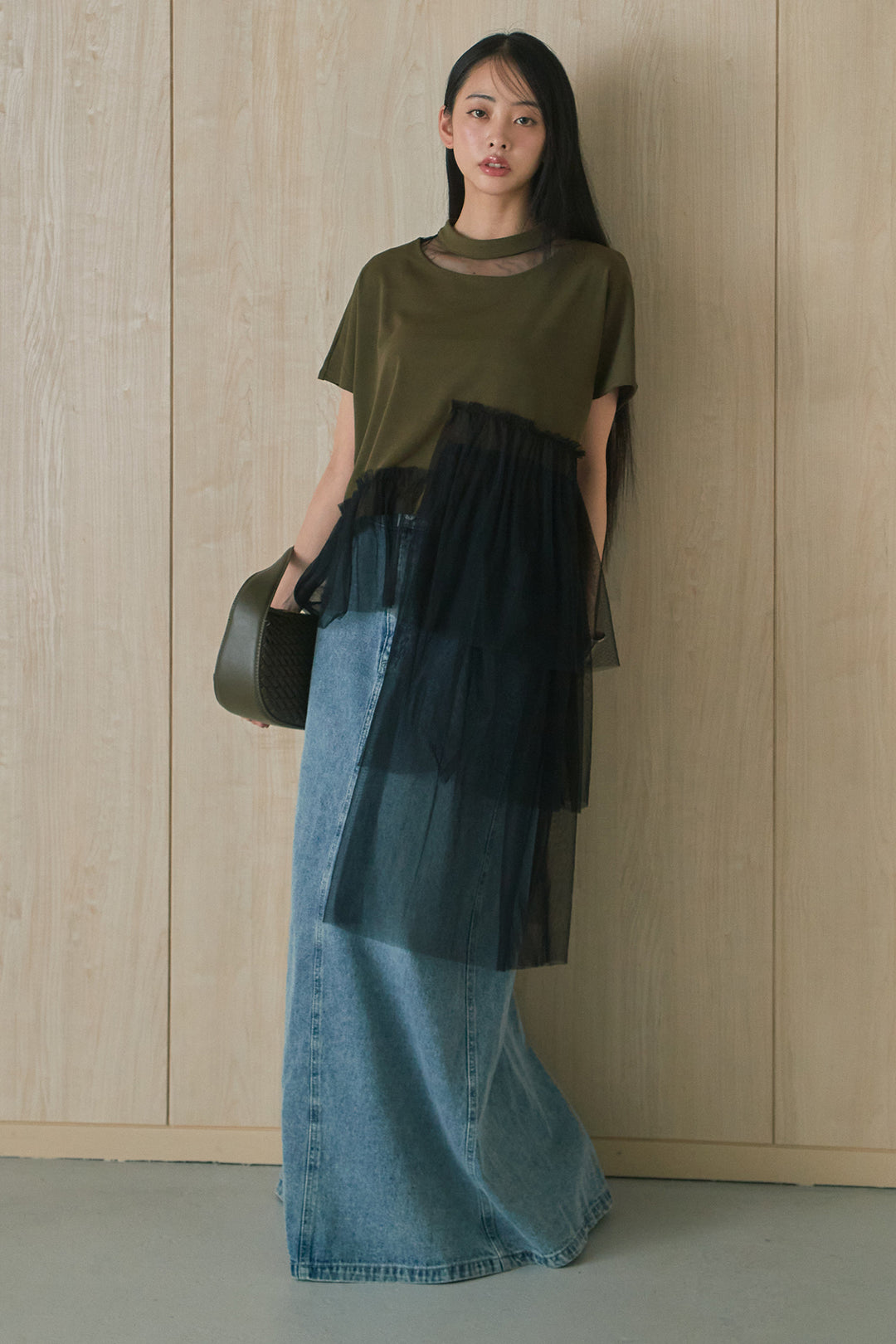 [SET]アシンメトリーチュールフリルTシャツ+デニムロングフレアスカート(2set)