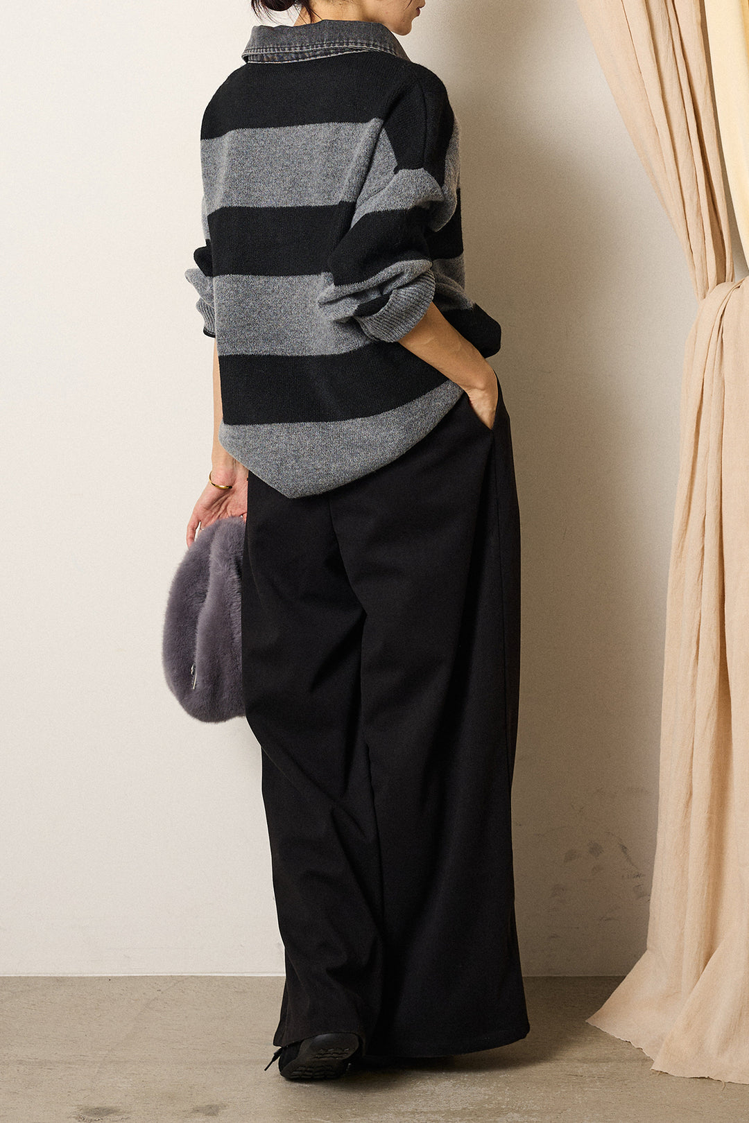 [SET]デニムカラーボーダールーズニット+ゴールドバックル太ベルト付きワイドパンツ(2set)