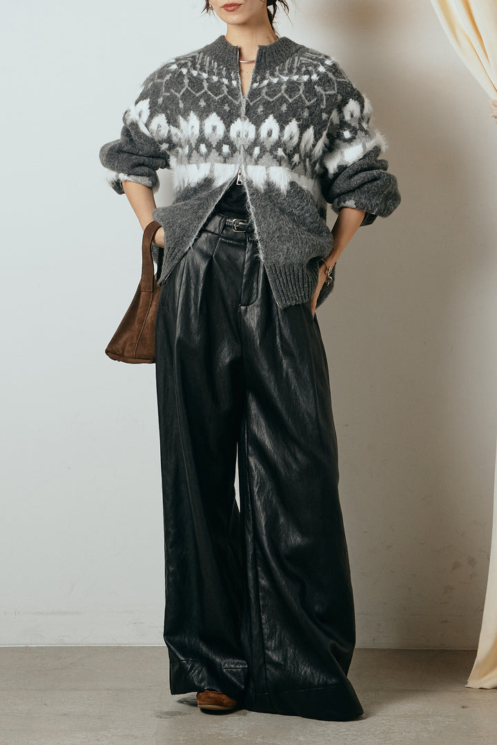 [SET]起毛ダブルジップパターンニットカーディガン+ベルト付きレザーライクタックパンツ(2set)