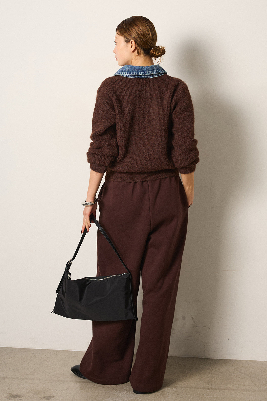 [SET]襟付きデニム切替ニットカーディガン+裏起毛スウェットワイドパンツ(2set)