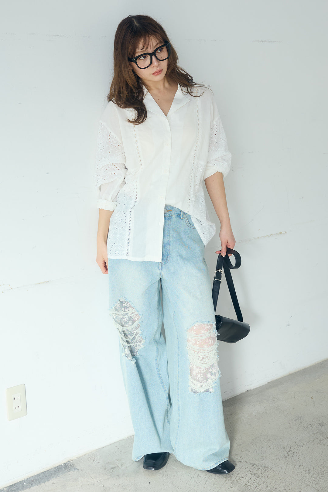 [SET]ローンレースオープンカラーシャツ+デニムレース付きワイドパンツ(2set)