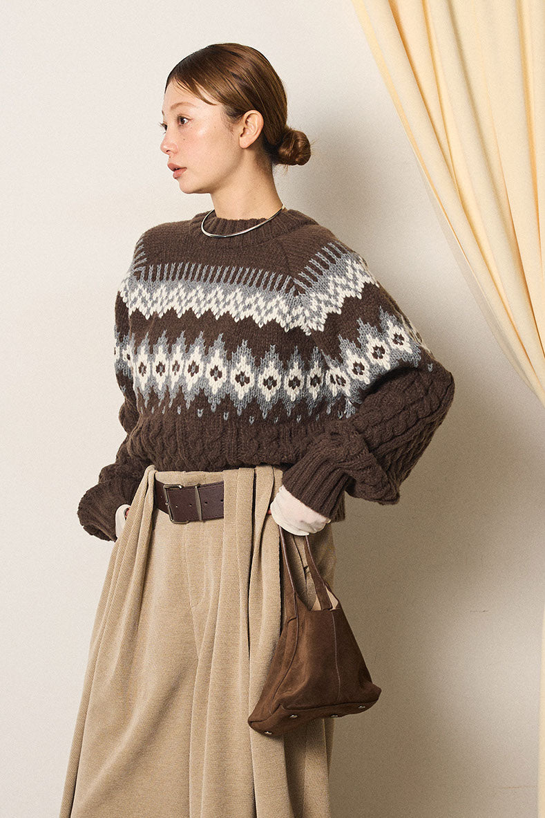 [SET]2WAY求心柄ジャガードショートカーディガン+2WAY袖コード刺繍クルーネックプルオーバー(2set)