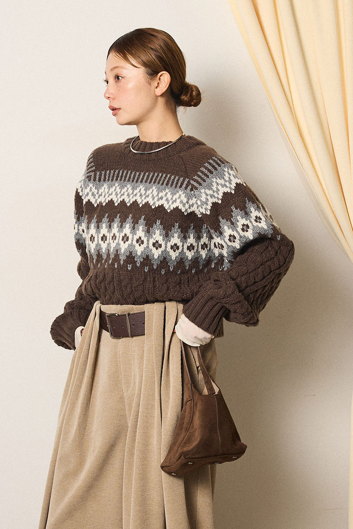 [SET]2WAY求心柄ジャガードショートカーディガン+2WAY袖コード刺繍クルーネックプルオーバー(2set)