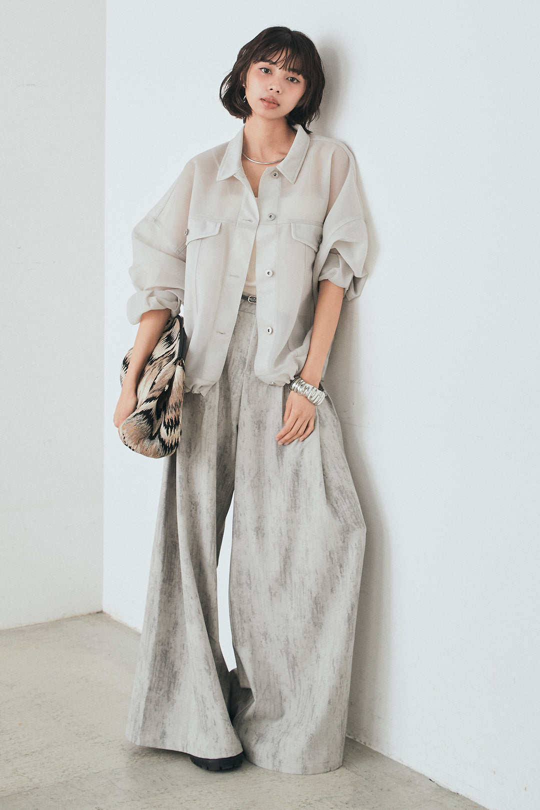 [SET]シアーダンボールサイドドロストジャケット+紐ベルト付きかすれ柄ワイドスラックス(2set)